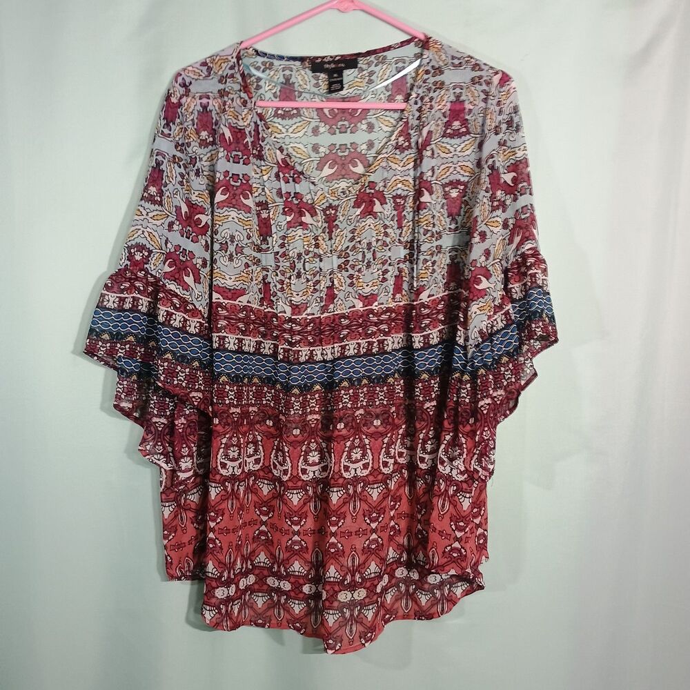 Women’s Boho Paisley Tunic Top – Multicolor Bell Sleeve Border Print Blouse